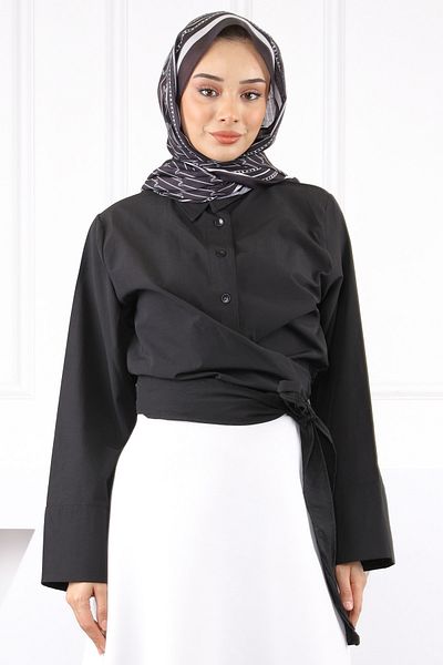 İmajButik Μαύρο πουκάμισο με γραβάτα στη μέση