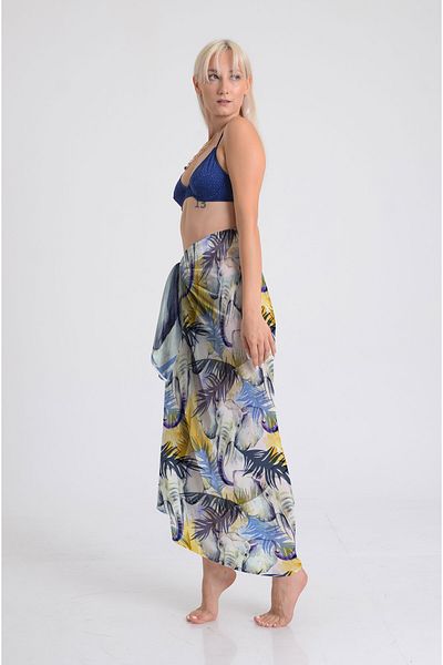 DESENİX Tropical Feather and Elephant Pattern Pareo - 100X145 cm - Silky Chiffon & Luxury Satin Fabric Option