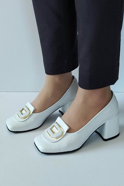 ERS Air Comfort Women's White Patent Leather Genuine Leather Classic Heeled Shoes Blunt Toe Buckle Detailed
