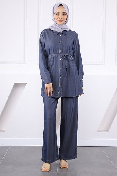 İmajButik Σετ παντελόνι τζιν Navy Blue Cotton Tunic