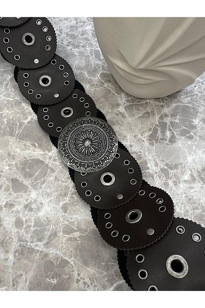 MELTEM TUĞAN Embossed Metal Buckle Belt Brown