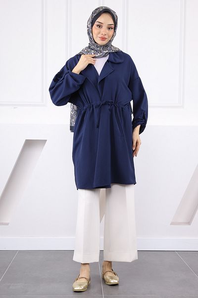 İmajButik Navy Blue Double Breasted Collar Shirred Jacket