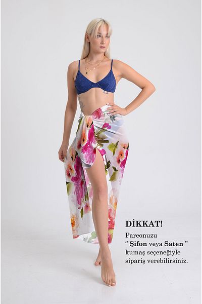 DESENİX Watercolor Floral Pattern Pareo - 100X145 cm - Silky Chiffon & Luxury Satin Fabric Option - Beach Dress