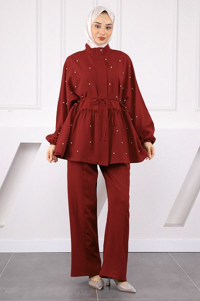 İmajButik Κοστούμι παντελόνι τουνίκ με μανίκια μπορντό