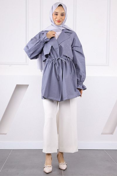 İmajButik Γκρι μπουφάν με διπλό γιακά με πέτρες μπροστά