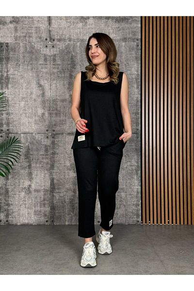 Modayakamoz New Season Women's Strappy Round Neck Viscose Two Thread Blouse and Sweatpants Two Piece Set