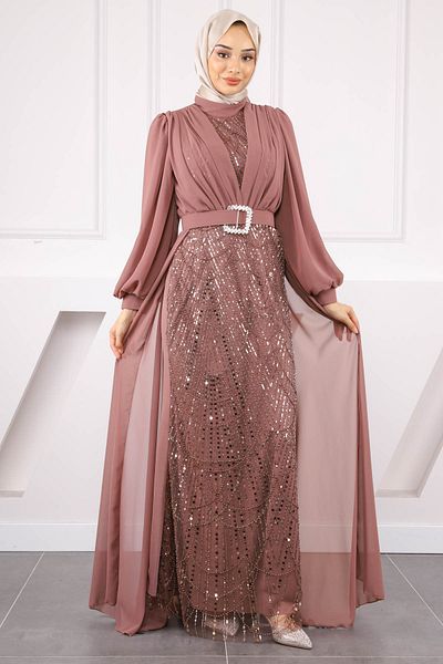 İmajButik Βραδινό φόρεμα σιφόν με χάντρες Dark Mink