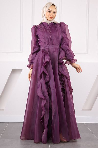 İmajButik Βραδινό φόρεμα με μωβ μανίκια με μπαλόνι