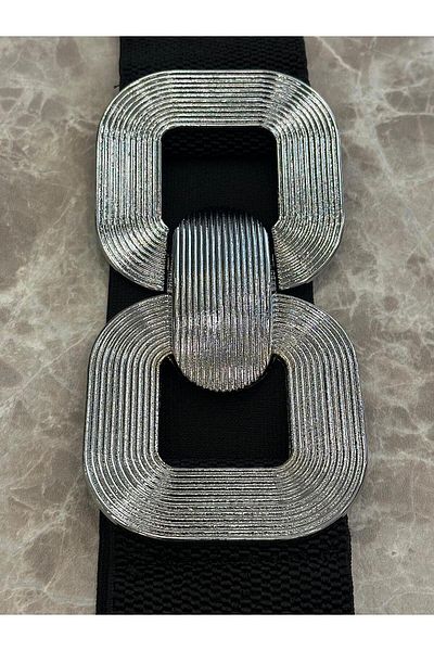 MELTEM TUĞAN Elastic Silver Buckle Belt Black
