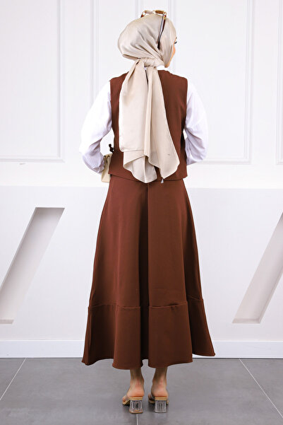 İmajButik Brown Single Pocket Vest Skirt Suit