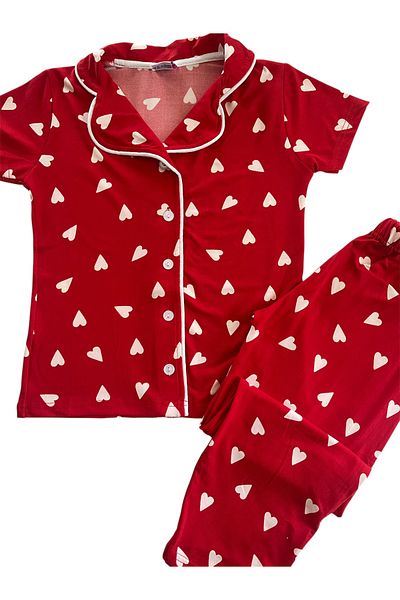 YUMİYUMM Girl's Short Sleeve Button Heart Pajama Set