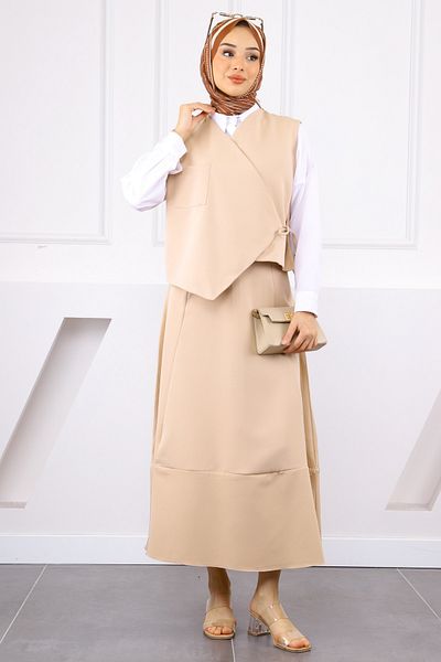İmajButik Beige Single Pocket Vest Skirt Suit