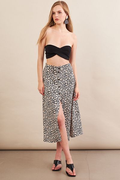 Cool & Sexy Women's Ecru-Black Buttoned Midi Skirt Sh60