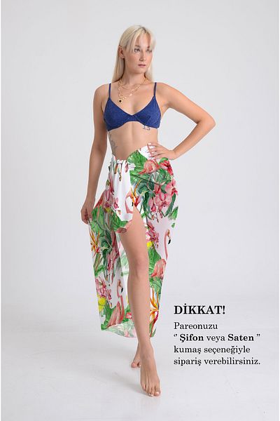 DESENİX Flamingo and Tropical Leaves Pattern Pareo - 100X145 cm - Silky Chiffon & Luxury Satin Fabric Option