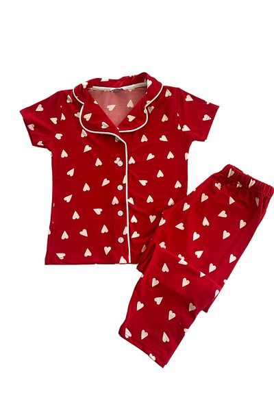 YUMİYUMM Girl's Short Sleeve Button Heart Pajama Set