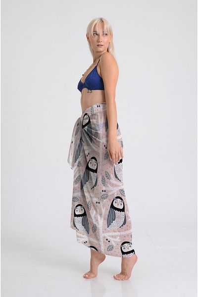DESENİX Owl on Tree Patterned Pareo - 100X145 cm - Silky Chiffon & Luxury Satin Fabric Option- Beach Dress