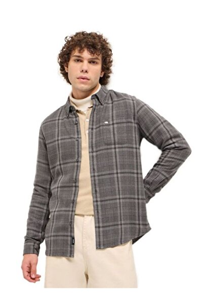 The Bear House قميص رجالي رمادي اللون من الفلانيل بقصة ضيقة ومربعة، مناسب لكل...