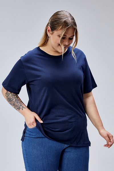 BANEGA Large Size Navy Blue Boyfriend Crew Neck Slit 100% Cotton T-Shirt