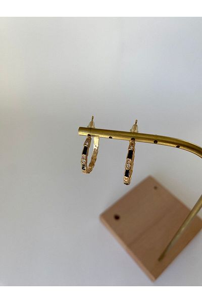 marsel aksesuar Black Stripe Detailed Stone Hoop Earrings