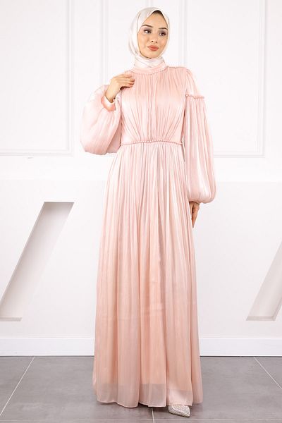 İmajButik Βραδινό φόρεμα σιφόν με πλισέ μανίκι σε σκόνη