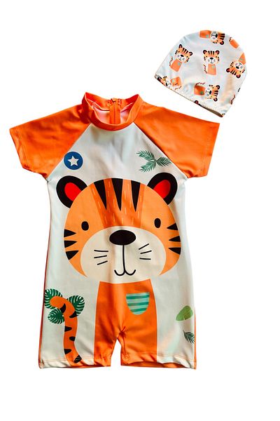 YUMİYUMM Boy's Orange Bonnet Jumpsuit Swimsuit