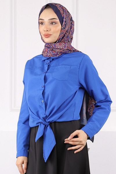 İmajButik Μπλε πουκάμισο Saks με μονή τσέπη με γραβάτα μπροστά