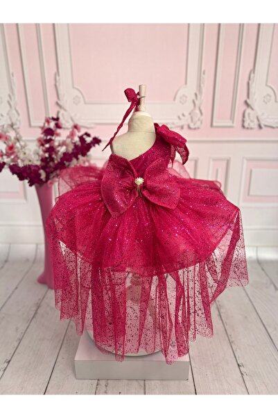 NA ADDESIGN Kız çocuk fuşya pullu simli kabarık elbise, grenli abiye elbise