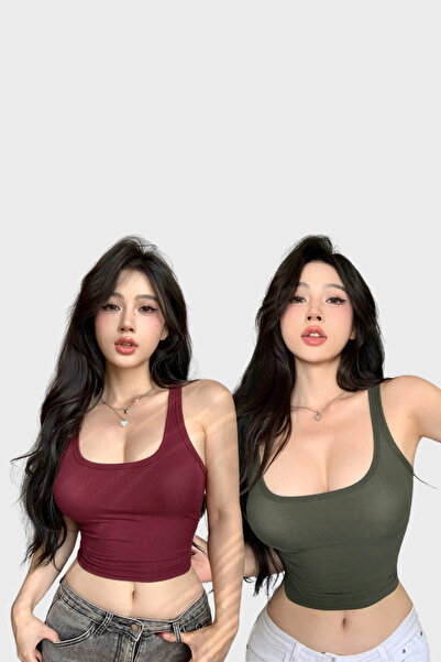 MADALİNA Kadın 2Lİ Paket Bordo Haki Geniş Askı Bluz