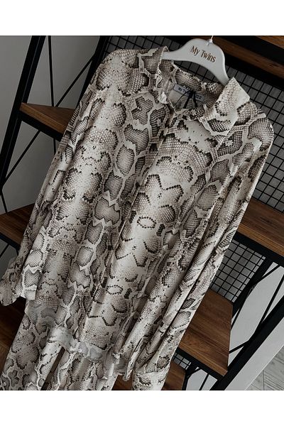My twins Ewas Design Midi Length Skirt Stone Buttoned Shirt Women's Satin Double Set