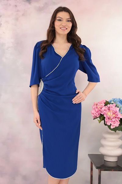 cupper Elegant blue dress with silver appliques and ruffles at the waist
