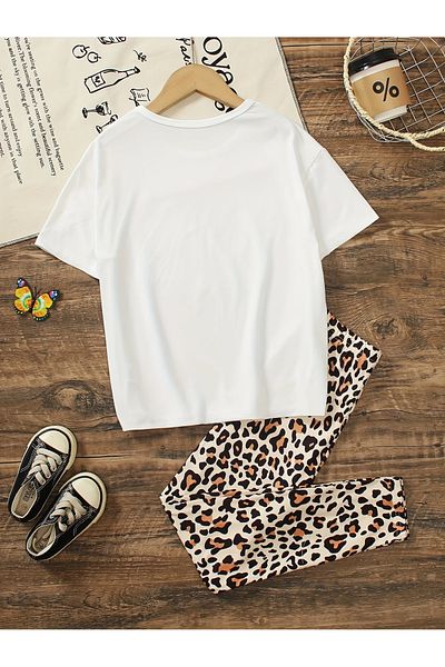 MORNİNG KİDS Girl's Believe in Yourself Butterfly Printed White T-Shirt-Leopard Flared Leggings Set