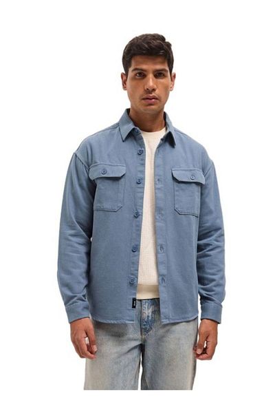 The Bear House Men's Blue Solid Relax Fit Overshirt for Every Occasion