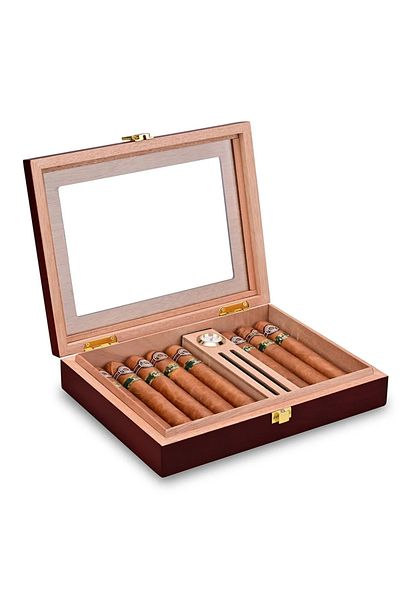OEM Cedar Cigar Humidor With Humidifier, Hygrometer And Glass Lid For 10-15 Cigars, Burgundy