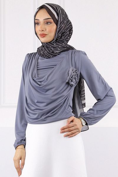 İmajButik Αμμώδης μπλούζα με αξεσουάρ γκρι τριαντάφυλλο