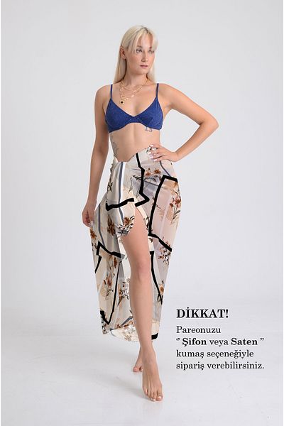 DESENİX Geometric Flowers Pattern Pareo - 100X145Cm- Silky Chiffon & Luxurious Satin Fabric Option-Beach Dress