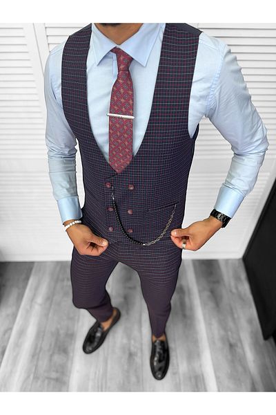 dehaine Men's casual suit, pants with vest, plaid, 13187, navy blue
