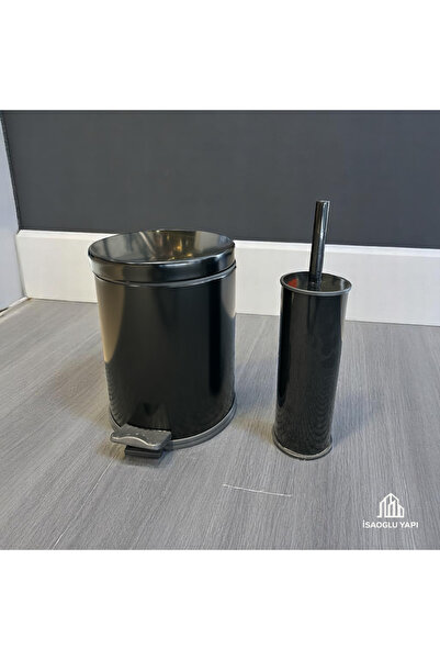 İSAOĞLU YAPI Black Trash Can and Toilet Bowl Brush Steel Material Stainless Set