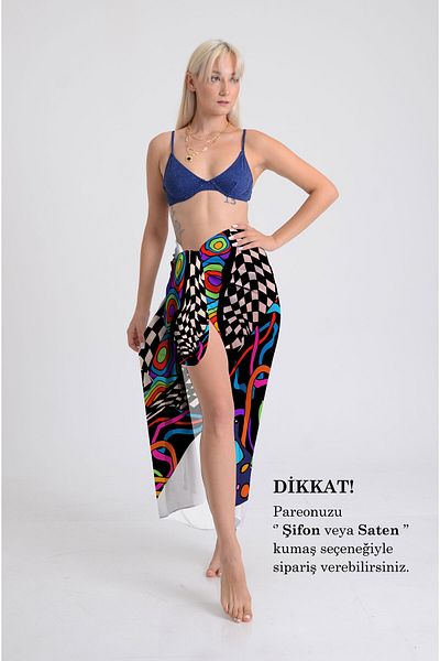 DESENİX Geometric Pattern Pareo - 100X145 cm - Silky Chiffon & Luxury Satin Fabric Option - Beach Dress