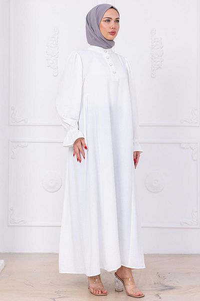 hafsamina Eva Hijab Dress with Elastic Sleeves White Hm2758