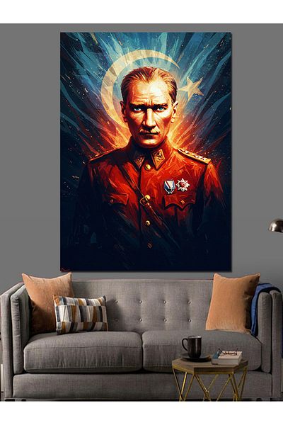Tablomega Mustafa Kemal Atatürk and Flag Decorative Canvas - Mdf Wooden Painting