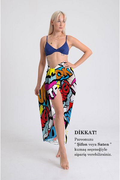 DESENİX Pop Art Dynamics Patterned Pareo - 100X145Cm- Silky Chiffon & Luxurious Satin Fabric Option- Beach Dress