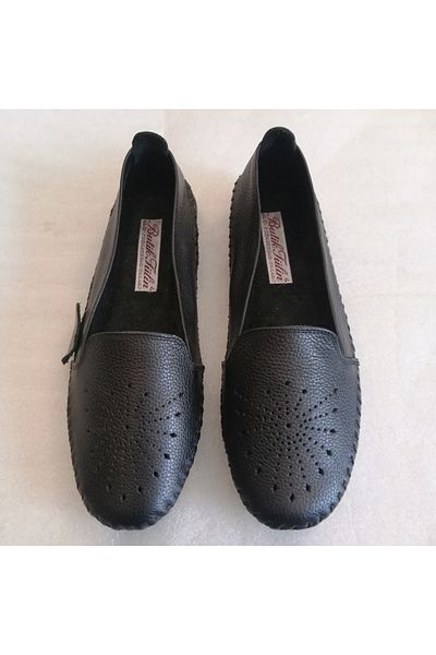 Butik Tülin Women's Genuine Cowhide Black Hand-Stitched Unlined Soft Comfortable Flexible Rubber Stitched Sole Loafer