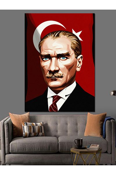 Tablomega Mustafa Kemal Atatürk under the Flag Decorative Canvas - Mdf Wooden Painting