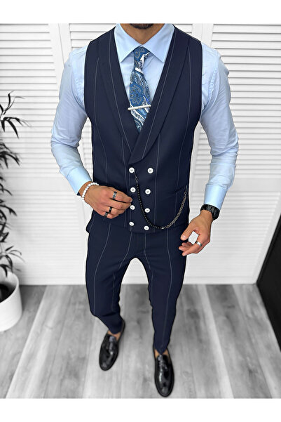 dehaine Men's suit, pants plus vest, navy blue, B4010