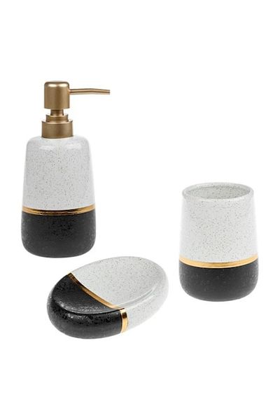BREZIUM Bathroom accessories set, ceramic, 3 pieces, soap dispenser, soap dish, toothbrush holder, B