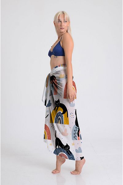 DESENİX Naughty Cats and Rainbow Pattern Pareo - 100X145 cm - Silky Chiffon & Luxurious Satin Fabric Option