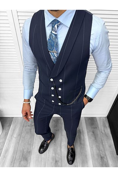 dehaine Men's suit, pants plus vest, navy blue, B4010