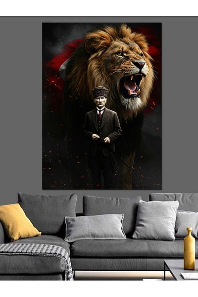 Tablomega Mustafa Kemal Atatürk and Lion Decorative Canvas - Mdf Wooden Painting
