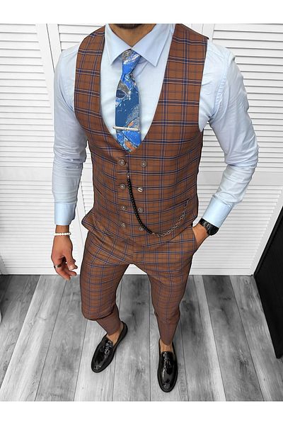 dehaine Men's suit, pants plus vest, brown, 13152