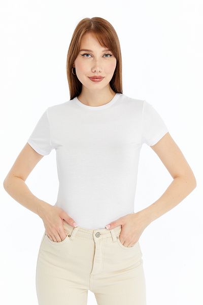 LAENT Women's White Round Neck Short Sleeve Blouse